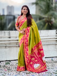 Soft Silk Paithani Saree with Traditional Nandi Cow Motifs & Satin Lotus Border - FREE, MEHENDI