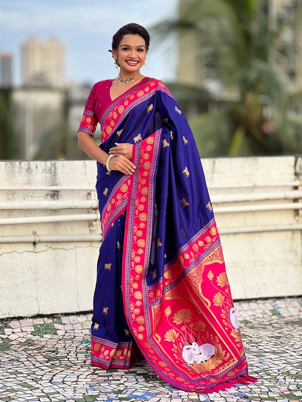 Soft Silk Paithani Saree with Traditional Nandi Cow Motifs & Satin Lotus Border