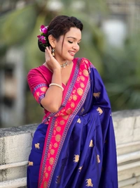 Soft Silk Paithani Saree with Traditional Nandi Cow Motifs & Satin Lotus Border - FREE, VIOLET