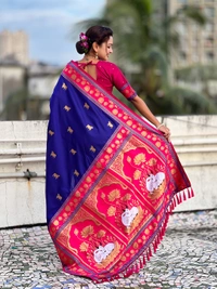 Soft Silk Paithani Saree with Traditional Nandi Cow Motifs & Satin Lotus Border - FREE, VIOLET