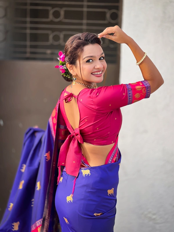 Soft Silk Paithani Saree with Traditional Nandi Cow Motifs & Satin Lotus Border - FREE, VIOLET