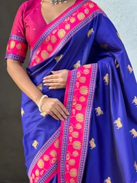 Soft Silk Paithani Saree with Traditional Nandi Cow Motifs & Satin Lotus Border - FREE, VIOLET