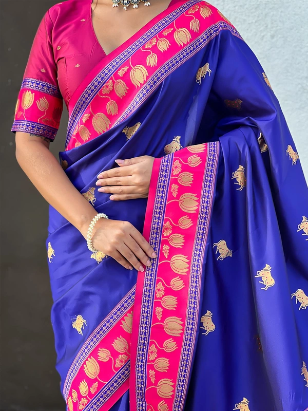 Soft Silk Paithani Saree with Traditional Nandi Cow Motifs & Satin Lotus Border - FREE, VIOLET