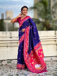 Soft Silk Paithani Saree with Traditional Nandi Cow Motifs & Satin Lotus Border - FREE, VIOLET