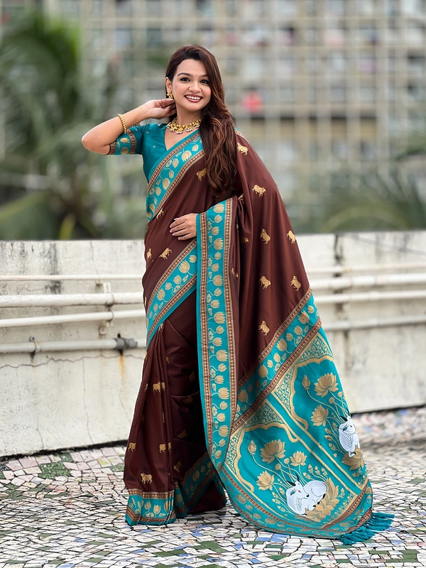 Soft Silk Paithani Saree with Traditional Nandi Cow Motifs & Satin Lotus Border