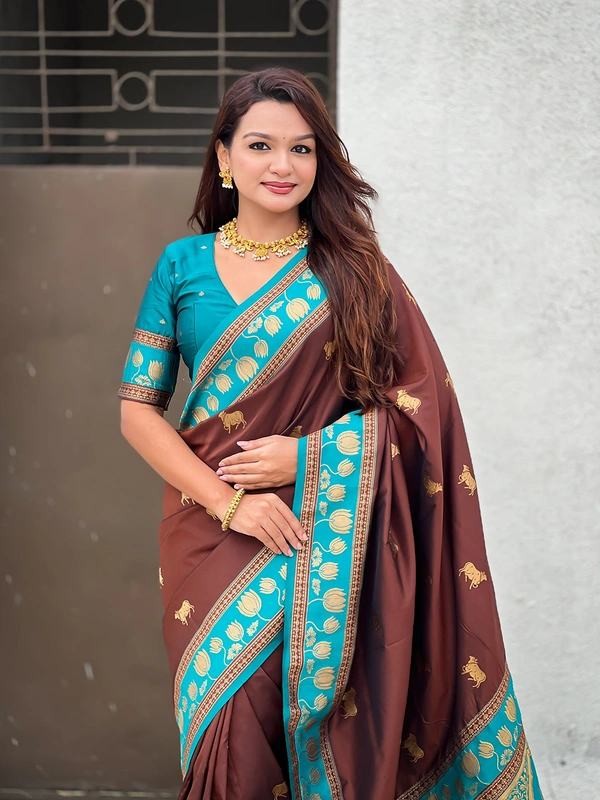 Soft Silk Paithani Saree with Traditional Nandi Cow Motifs & Satin Lotus Border - FREE, COFFEE