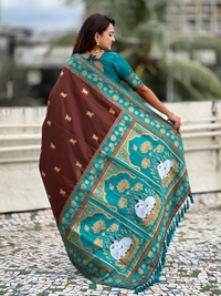 Soft Silk Paithani Saree with Traditional Nandi Cow Motifs & Satin Lotus Border - FREE, COFFEE