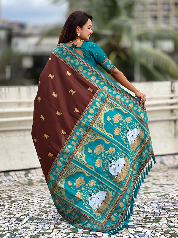 Soft Silk Paithani Saree with Traditional Nandi Cow Motifs & Satin Lotus Border - FREE, COFFEE