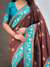 Soft Silk Paithani Saree with Traditional Nandi Cow Motifs & Satin Lotus Border - FREE, COFFEE