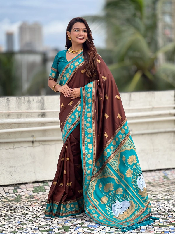 Soft Silk Paithani Saree with Traditional Nandi Cow Motifs & Satin Lotus Border - FREE, COFFEE