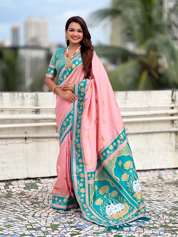 Soft Silk Paithani Saree with Traditional Nandi Cow Motifs & Satin Lotus Border