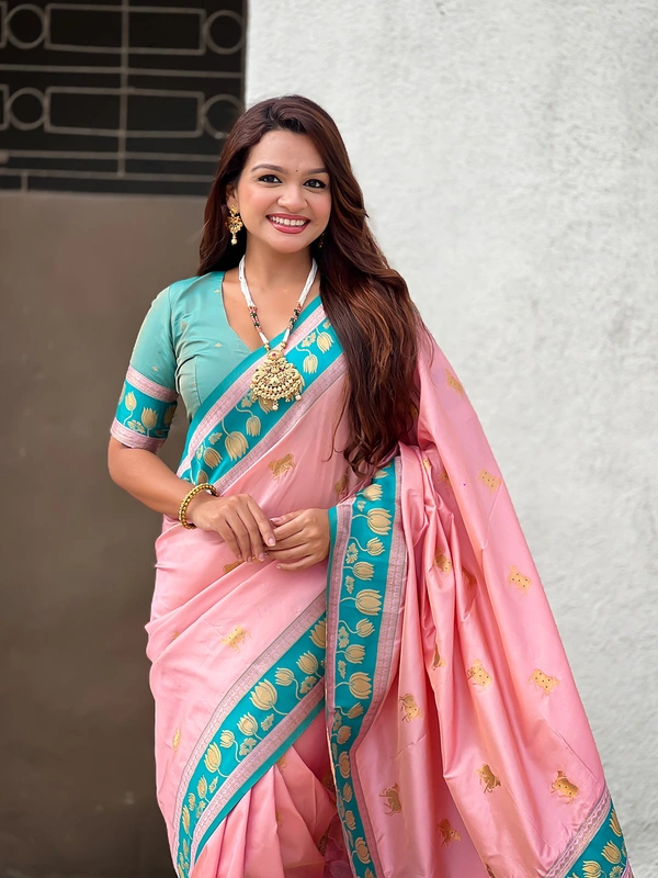 Soft Silk Paithani Saree with Traditional Nandi Cow Motifs & Satin Lotus Border - FREE, BABY PINK