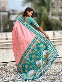 Soft Silk Paithani Saree with Traditional Nandi Cow Motifs & Satin Lotus Border - FREE, BABY PINK