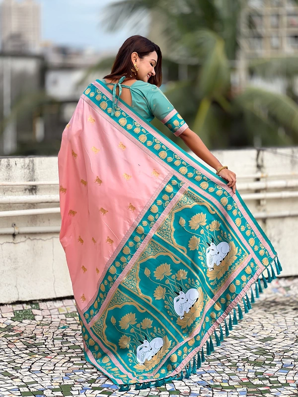 Soft Silk Paithani Saree with Traditional Nandi Cow Motifs & Satin Lotus Border - FREE, BABY PINK