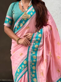 Soft Silk Paithani Saree with Traditional Nandi Cow Motifs & Satin Lotus Border - FREE, BABY PINK