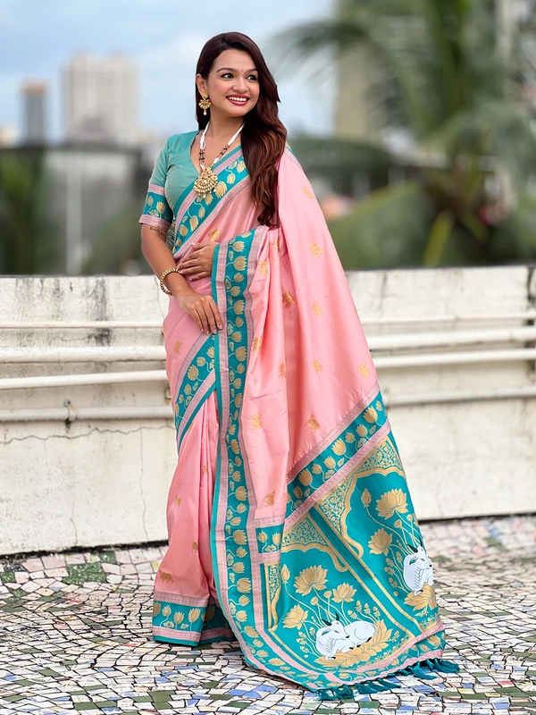 Soft Silk Paithani Saree with Traditional Nandi Cow Motifs & Satin Lotus Border - FREE, BABY PINK