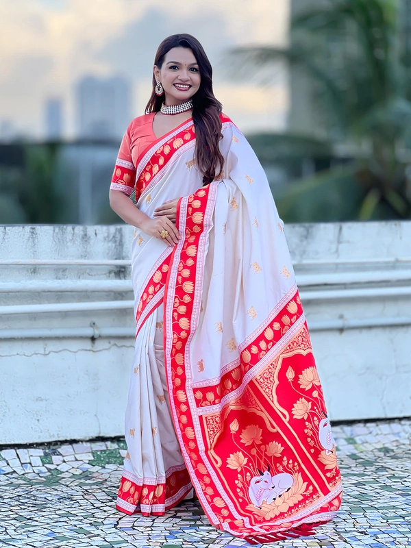 Soft Silk Paithani Saree with Traditional Nandi Cow Motifs & Satin Lotus Border