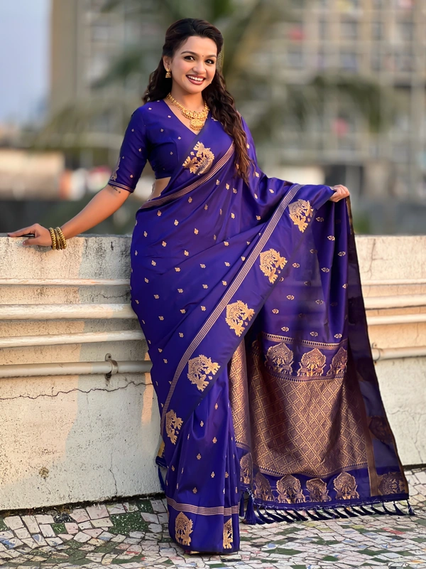 Soft Silk Saree with Elephant Border and Diamond Geometric Zari Woven Pallu
