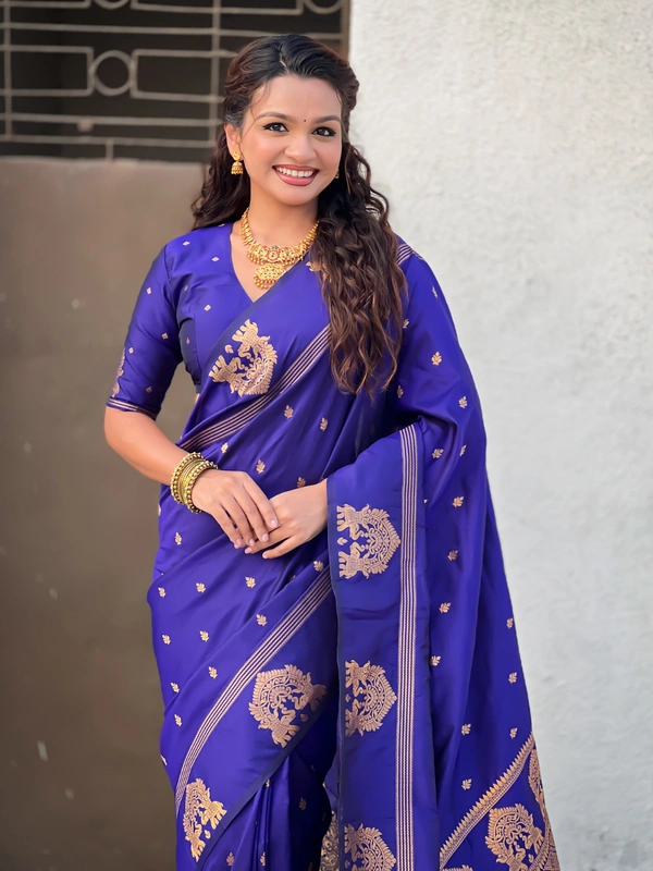 Soft Silk Saree with Elephant Border and Diamond Geometric Zari Woven Pallu - FREE, VIOLET