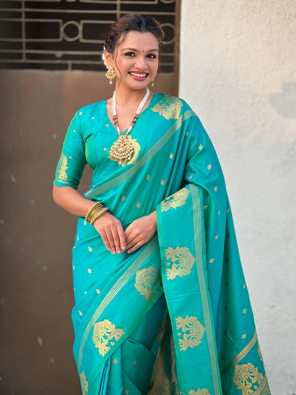 Soft Silk Saree with Elephant Border and Diamond Geometric Zari Woven Pallu - FREE, SKY