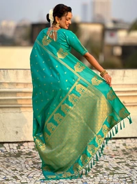 Soft Silk Saree with Elephant Border and Diamond Geometric Zari Woven Pallu - FREE, SKY