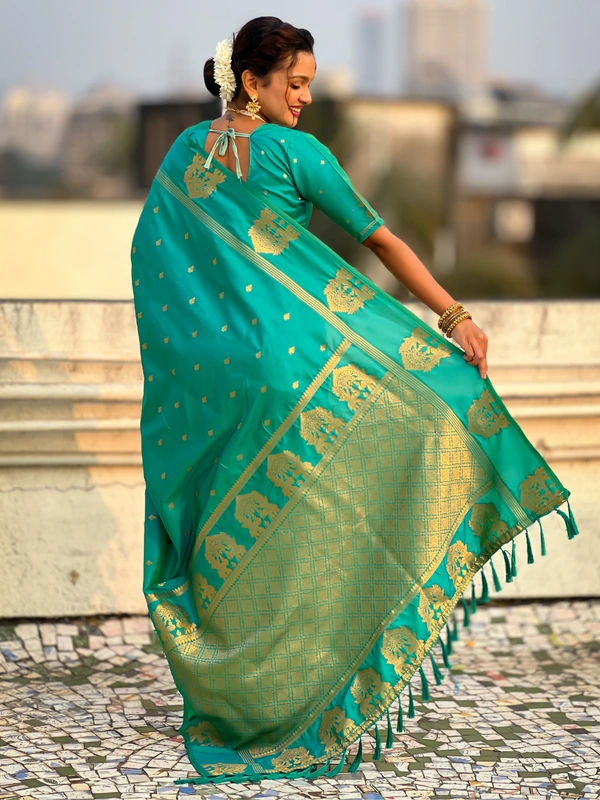 Soft Silk Saree with Elephant Border and Diamond Geometric Zari Woven Pallu - FREE, SKY