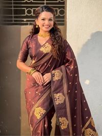 Soft Silk Saree with Elephant Border and Diamond Geometric Zari Woven Pallu - FREE, COFFEE