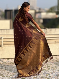 Soft Silk Saree with Elephant Border and Diamond Geometric Zari Woven Pallu - FREE, COFFEE