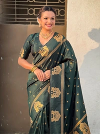 Soft Silk Saree with Elephant Border and Diamond Geometric Zari Woven Pallu - FREE, BOTTLE GREEN