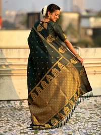 Soft Silk Saree with Elephant Border and Diamond Geometric Zari Woven Pallu - FREE, BOTTLE GREEN