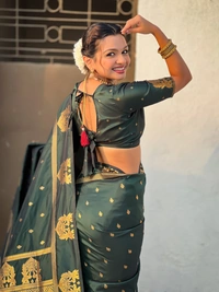 Soft Silk Saree with Elephant Border and Diamond Geometric Zari Woven Pallu - FREE, BOTTLE GREEN