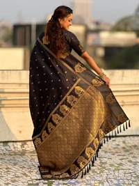 Soft Silk Saree with Elephant Border and Diamond Geometric Zari Woven Pallu - FREE, BLACK