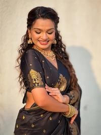 Soft Silk Saree with Elephant Border and Diamond Geometric Zari Woven Pallu - FREE, BLACK