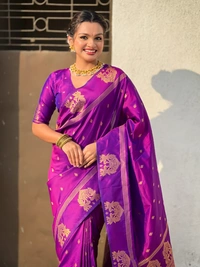 Soft Silk Saree with Elephant Border and Diamond Geometric Zari Woven Pallu - FREE, PURPLE