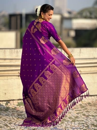Soft Silk Saree with Elephant Border and Diamond Geometric Zari Woven Pallu - FREE, PURPLE