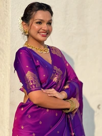 Soft Silk Saree with Elephant Border and Diamond Geometric Zari Woven Pallu - FREE, PURPLE