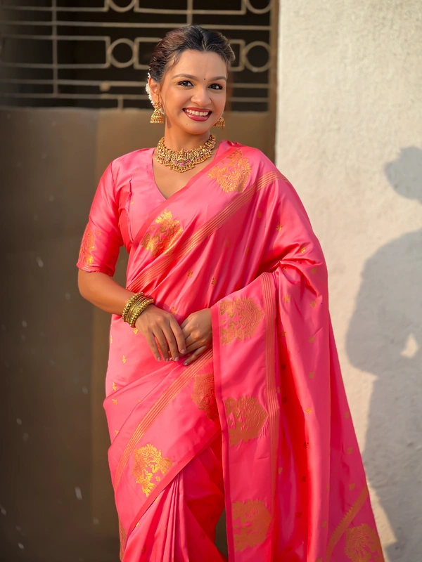 Soft Silk Saree with Elephant Border and Diamond Geometric Zari Woven Pallu - FREE, BABY PINK