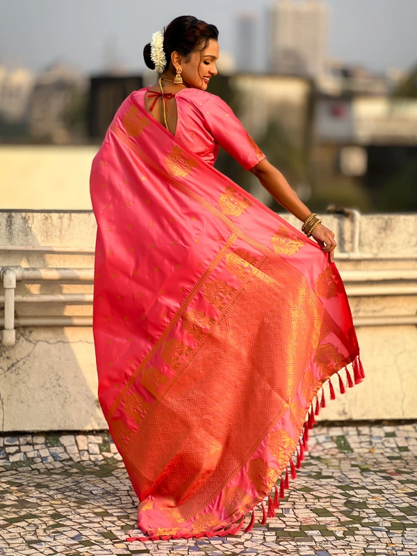 Soft Silk Saree with Elephant Border and Diamond Geometric Zari Woven Pallu - FREE, BABY PINK