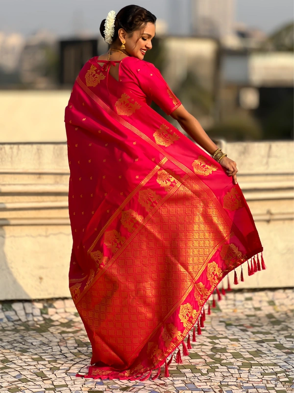 Soft Silk Saree with Elephant Border and Diamond Geometric Zari Woven Pallu - FREE, PINK