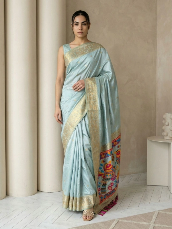 Soft Silk Saree with Gold Zari Floral Motifs & Meenakari Sparrow Pallu