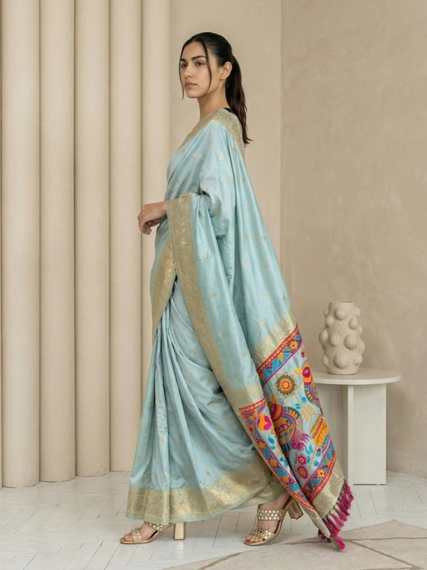 Soft Silk Saree with Gold Zari Floral Motifs & Meenakari Sparrow Pallu - FREE, SKY
