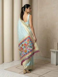 Soft Silk Saree with Gold Zari Floral Motifs & Meenakari Sparrow Pallu - FREE, SKY