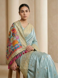 Soft Silk Saree with Gold Zari Floral Motifs & Meenakari Sparrow Pallu - FREE, SKY