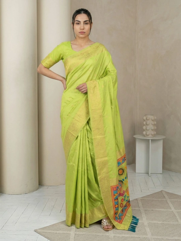 Soft Silk Saree with Gold Zari Floral Motifs & Meenakari Sparrow Pallu