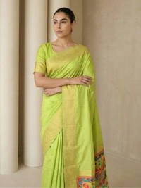 Soft Silk Saree with Gold Zari Floral Motifs & Meenakari Sparrow Pallu - FREE, PISTA