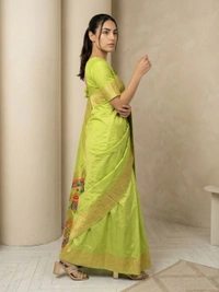 Soft Silk Saree with Gold Zari Floral Motifs & Meenakari Sparrow Pallu - FREE, PISTA