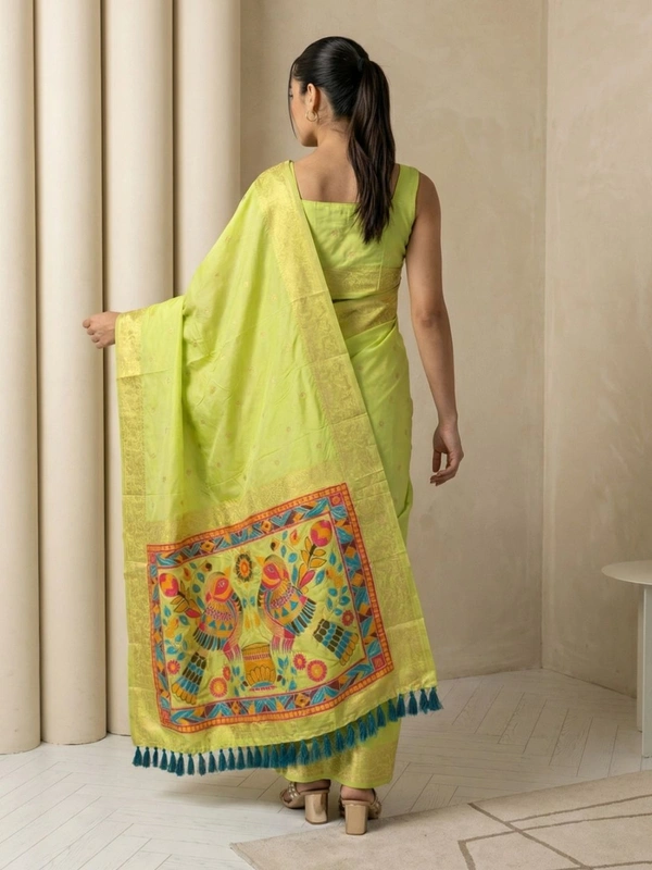 Soft Silk Saree with Gold Zari Floral Motifs & Meenakari Sparrow Pallu - FREE, PISTA