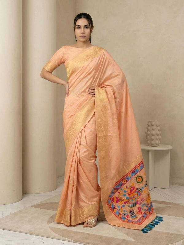 Soft Silk Saree with Gold Zari Floral Motifs & Meenakari Sparrow Pallu