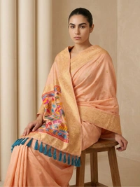 Soft Silk Saree with Gold Zari Floral Motifs & Meenakari Sparrow Pallu - FREE, PEACH