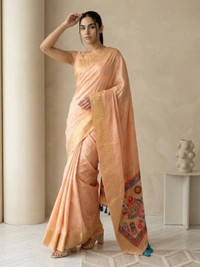 Soft Silk Saree with Gold Zari Floral Motifs & Meenakari Sparrow Pallu - FREE, PEACH